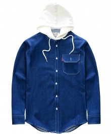 Hoodie Flannel Shirt -  INDIGO/IVORY