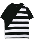 Diagonal Cut Striped Short Sleeve T-Shirt - Black