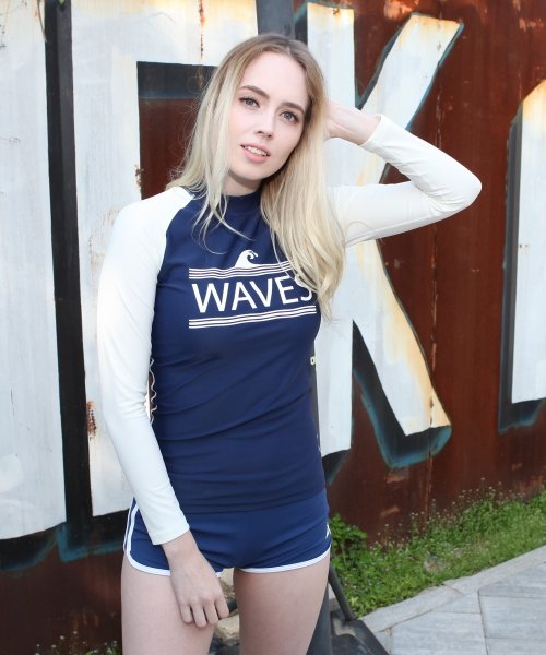 여성 래시가드 Waves - White/Navy