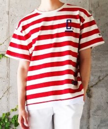 WASHED MIDDLE STRIPE OVERFIT LAYERED T-SHIRTS RED