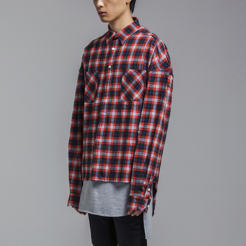 블레디션(bledition) OVERSIZE MADRID PLAID SHIRTS RED/BLACK