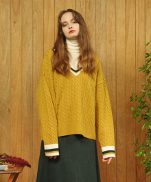 monts207 v-neck cable knit mustard sweater (2color)