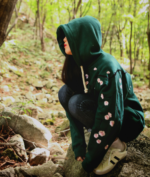 아시하(asiha) M [F/W] AsiHa 기모 벚꽃자수 후드티 Green