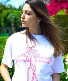 HBXPP Pink Panther Leaning Against Our Logo T-Shirt - White