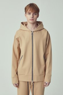 [UNISEX]SEMI-OVER FIT O-RING TWO-WAY BEIGE ZIP-UP HOODED
