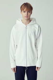[UNISEX]SEMI-OVER FIT O-RING TWO-WAY WHITE ZIP-UP HOODED