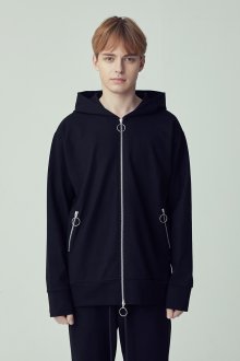 [UNISEX]SEMI-OVER FIT O-RING TWO-WAY BLACK ZIP-UP HOODED