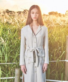 UNBALANCED STRIPED COAT DRESS [LIGHT BEIGE]