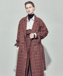 UNISEX BELTED DOUBLE MAXI COAT (CHECK BROWN)