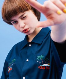 TWIN PALM TREE OPEN SHIRT(NAVY)