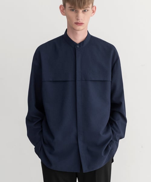 MUSINSA | DRAW FIT Stand Collar Linen Shirt [NAVY]