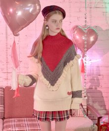 (TS-18717) FRILL TURTLE-NECK KNIT RED
