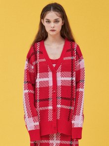 CHECK PATTERN KNIT CARDIGAN_RED (EEOG3CDR01W)