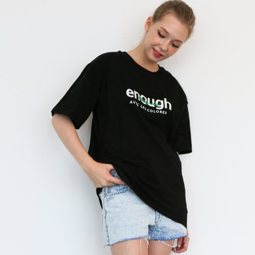레꼴로헤(lescolorer) [UNISEX]enough레터링 자수 오버핏 블랙 티셔츠