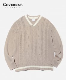 MIXED CABLE V-NECK KNIT BEIGE