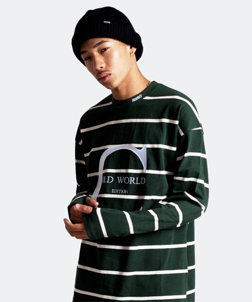 리스펙트(respect) 콜드월드 오버핏 스트라이프 단가라 티 (네로우 그린)