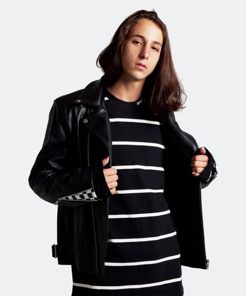 리스펙트(respect) 오버핏 스트라이프 단가라 티 (블랙)