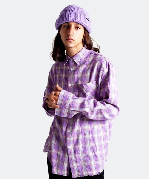 리스펙트(respect) 빈티지 크랙 오버핏 체크 셔츠 (연보라)