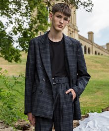 Checked Double-Breasted Blazer / Navy