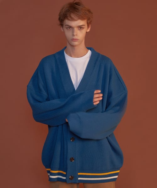블론드나인(blond9) Two Lines Color Knit Cardigan_Blue