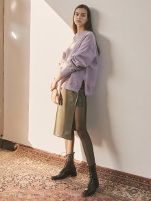 18fw combi leather midi skirt khaki