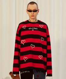 [UNISEX] HEART TRIBAL STRIPED T-SHIRT-RED