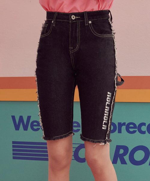 (PT-19341) FRINGE HALF DENIM PANTS BLACK