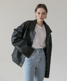 [남여공용]overfit big pocket leather trucker jacket