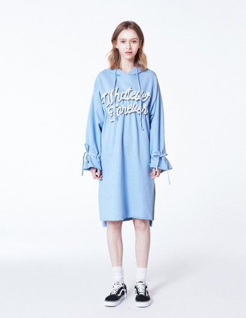 니어앤디어(near8dear) 웨이스트 밴딩 포인트 후드 드레스 (L/BLUE)