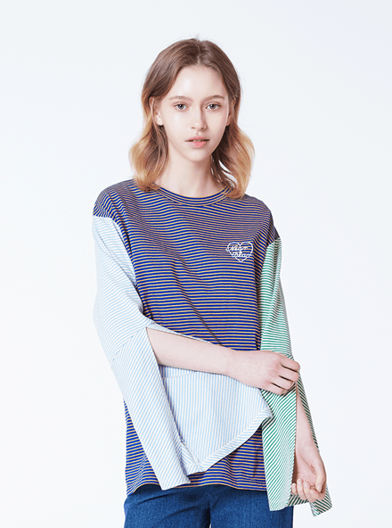 니어앤디어(near8dear) 스트라이프 콤비네이션 슬릿 슬리브 티셔츠 (BLUE)