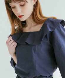 RUFFLE DETAIL SQUARE NECK BLOUSE  NAVY