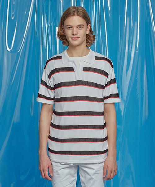 모티브스트릿(motivestreet) STRIPE SUMMER KNIT BASIC COLLAR TEE IVORY