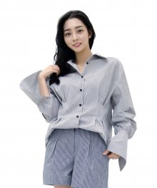 Lovely M Back Embroidery Long-Cuff Stripe Shirt (BLACK)