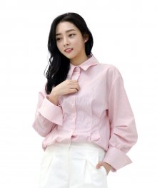 Lovely M Back Embroidery Long-Cuff Stripe Shirt (PINK)