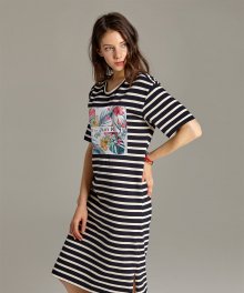 Tropical Printed Stripe Dress(Navy)