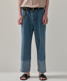 TWO-TONE WASHED DENIM PANTS DEEP BLUE