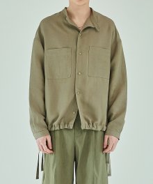 Band Collar Linen Shirts - Khaki