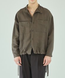 Band Collar Linen Shirts - Brown