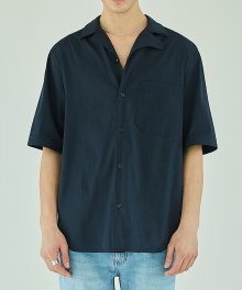 Asymmetric Linen Short Sleeve Shirt - Navy