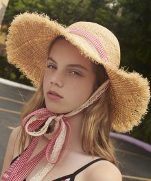 (CH-19312) LACE CHECK RIBBON STRAW HAT RED