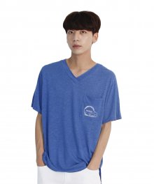 (유니섹스)Linen Wave V-neck Short Sleeve T-Shirt (BLUE)