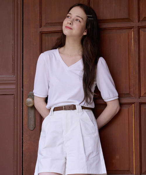 바이바이섭(bibyseob) 브이넥 퍼프 티셔츠 화이트 [T42]