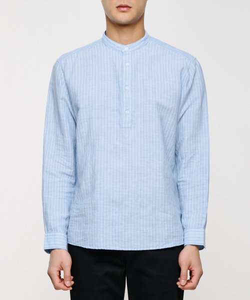 무신사 스탠다드(musinsastandard) 스트라이프 코튼 린넨 풀오버 셔츠 [스카이 블루]