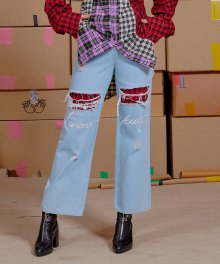 FOREVERYOUNG EMBROID CHECK DENIM PANT_L.BLUE (EEON3DPR03W)