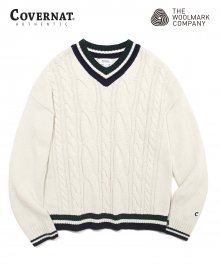 COVERNAT X TWC MIXED CABLE V-NECK KNIT IVORY