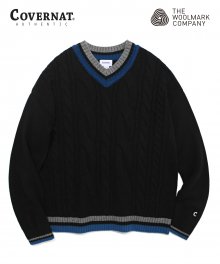 COVERNAT X TWC MIXED CABLE V-NECK KNIT BLACK