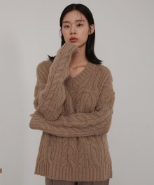 19AU ALPAKA V-NECK CABLE KNIT (BROWN)