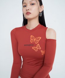 나비 숄더 컷 아웃 티셔츠 - 오렌지