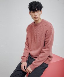 핑크 케이블 조직 라운드 스웨터