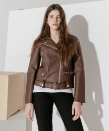 Brown leather 19 zipper belt rider jacket 2